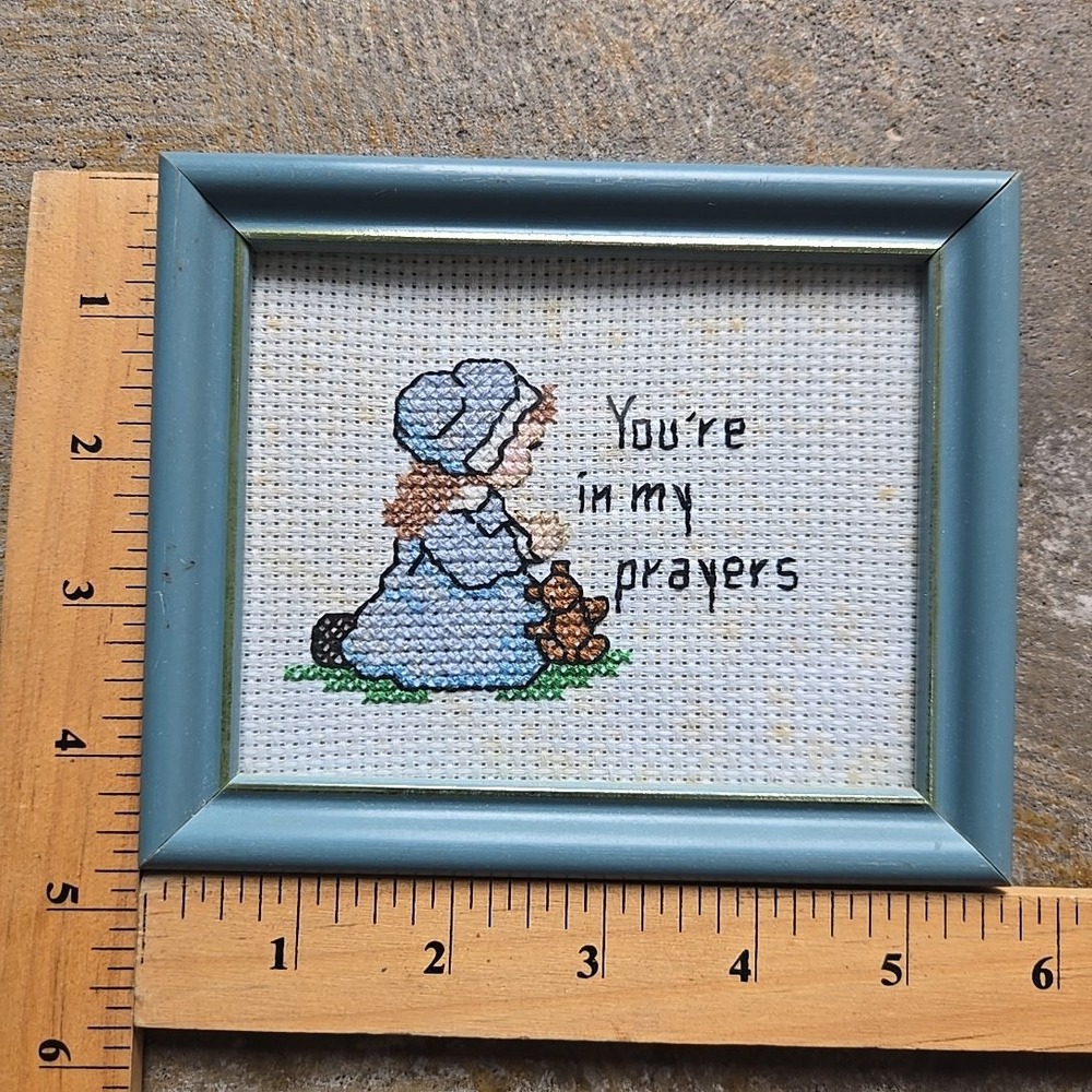VTG Cross Stitch Kitsch You're In My Prayers 5x6" Blue Prairie Girl Handmade Art